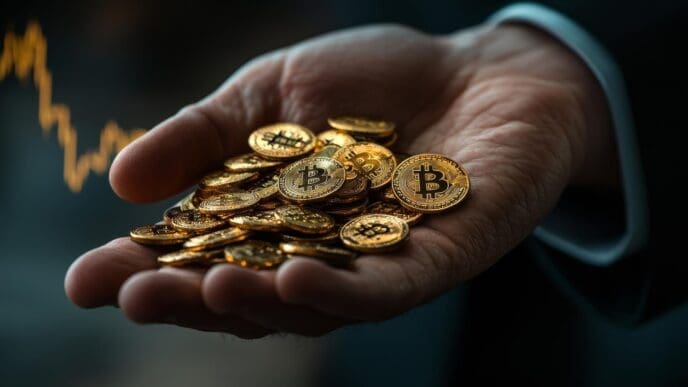 A businessman holds a stack of Bitcoin coins, overlaid with a stock chart, illustrating an investment concept.