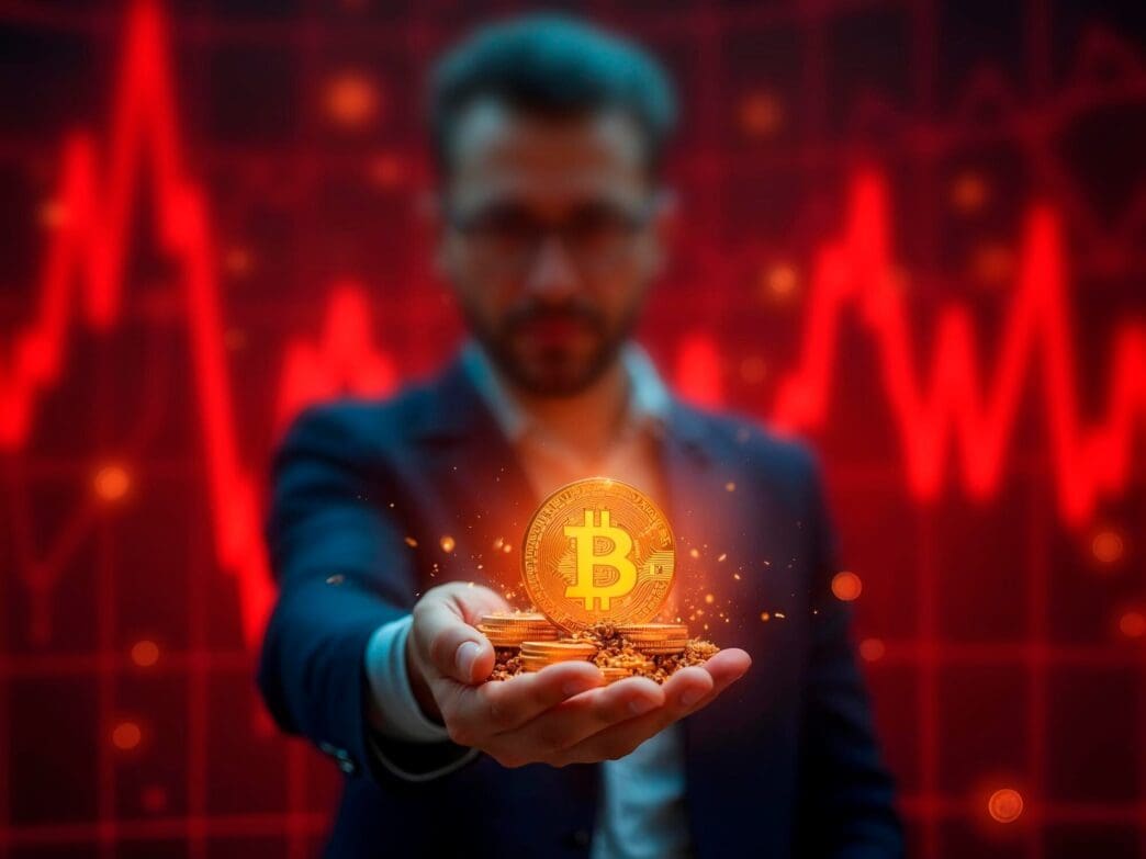 Businessman pointing at a digital trading chart with icons of cryptocurrency coins.