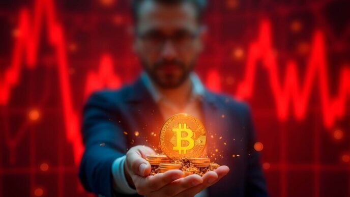 Businessman pointing at a digital trading chart with images of cryptocurrency coins.