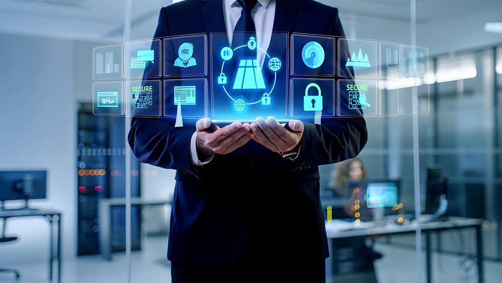 A businessman interacts with a digital interface, likely a touchscreen or holographic display.