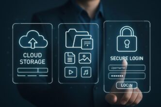 A businessman uses a digital interface to manage files in cloud storage.