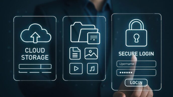 A businessman uses a digital interface to manage files in cloud storage.