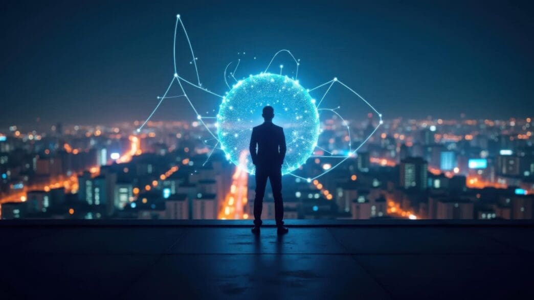 A businessman stands looking out over a futuristic cityscape with a network of lights and buildings at night.