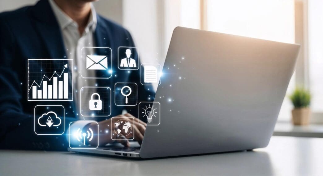 Businessman working on a laptop in a modern office, with productivity and connectivity icons overlaid.