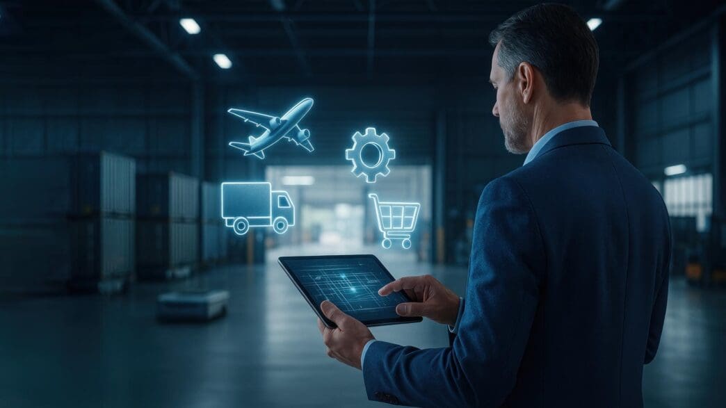 A businessman uses a tablet, surrounded by floating icons representing logistics and manufacturing processes within a warehouse.