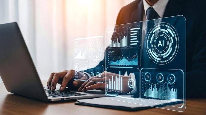 A person in a business setting uses a laptop to interact with an AI interface displaying data analytics and technology information.