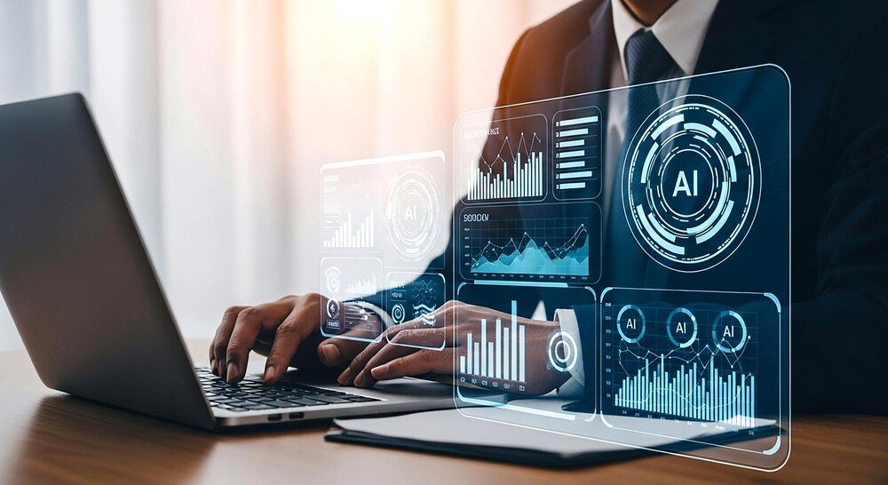 A person in a business setting uses a laptop to interact with an AI interface displaying data analytics and technology information.