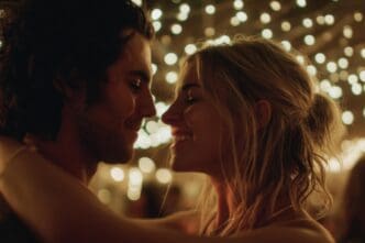A couple slow dances under a canopy of twinkling fairy lights.