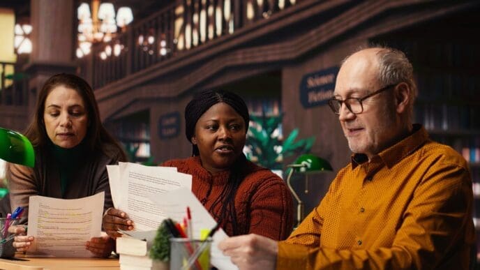 Cast members seated at a table in a library are practicing a script reading for a classic drama play.