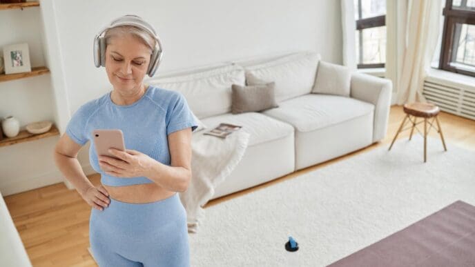 A senior Caucasian woman with headphones is exercising while using a smartphone.