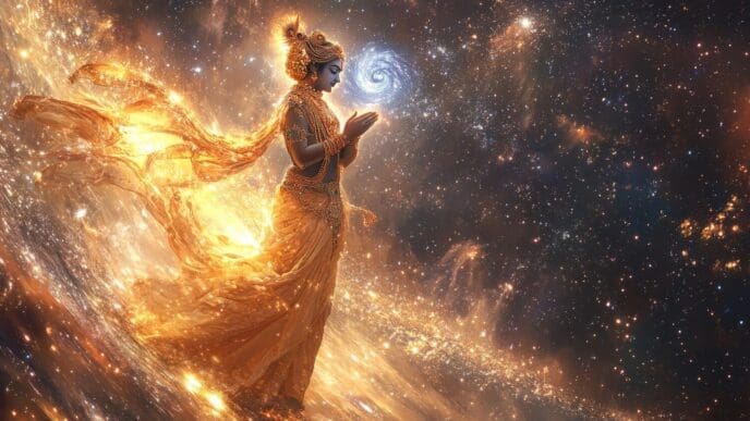 A humanoid figure glows with celestial light while surrounded by a swirling cosmic background.