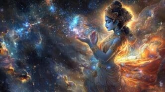 A humanoid figure is enveloped in swirling cosmic energy.