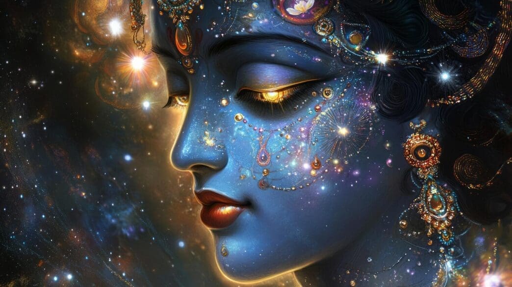 A vibrant and ethereal cosmic portrait depicts a divine being composed of celestial elements like stars and nebulas.