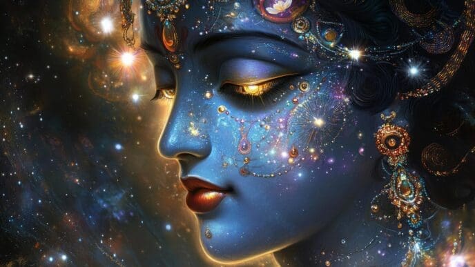 A vibrant and ethereal cosmic portrait depicts a divine being composed of celestial elements like stars and nebulas.