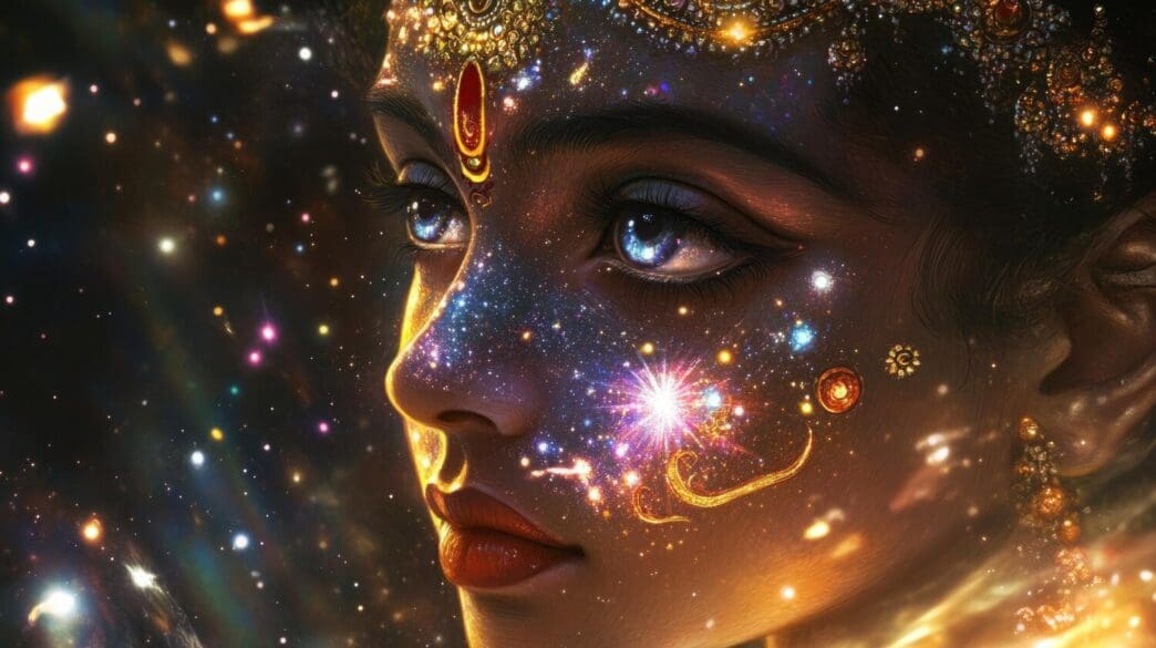 A woman with a starry face and celestial features is depicted in a cosmic portrait.