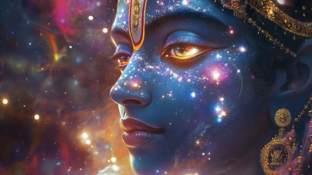 A serene, otherworldly portrait depicts a celestial being radiating cosmic energy.