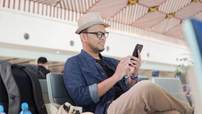 A smiling young Asian man sits on a bench in an airport lounge, holding a smartphone.