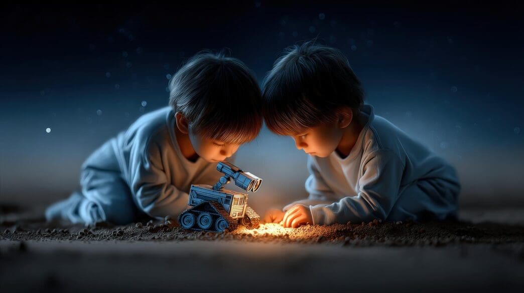 Children in a dimly lit setting explore together, interacting with a toy robot and a light source.