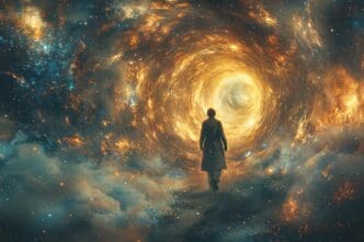 A spacecraft travels through a vibrant, otherworldly landscape of swirling colors and celestial bodies.