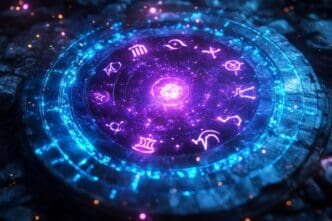 A circular stone with carved glyphs glows with energy in a mystical setting.