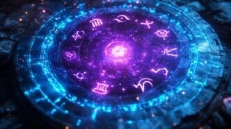 A weathered, circular stone etched with glowing glyphs rests in a mystical, atmospheric environment.