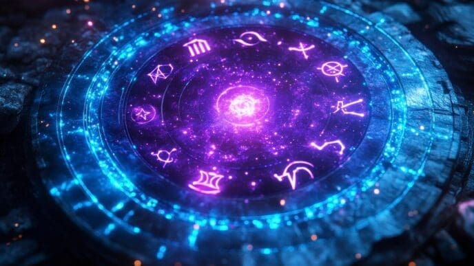 A weathered, circular stone etched with glowing glyphs rests in a mystical, atmospheric environment.