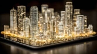Miniature skyscrapers in a cityscape model glow, reflecting light on a dark surface.