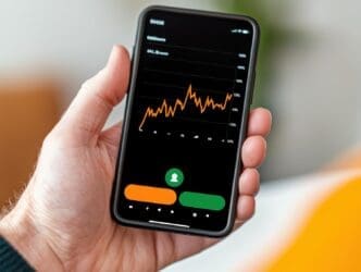 Close-up of hands holding a mobile phone displaying a graph.