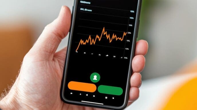 Close-up of hands holding a mobile phone displaying a graph.