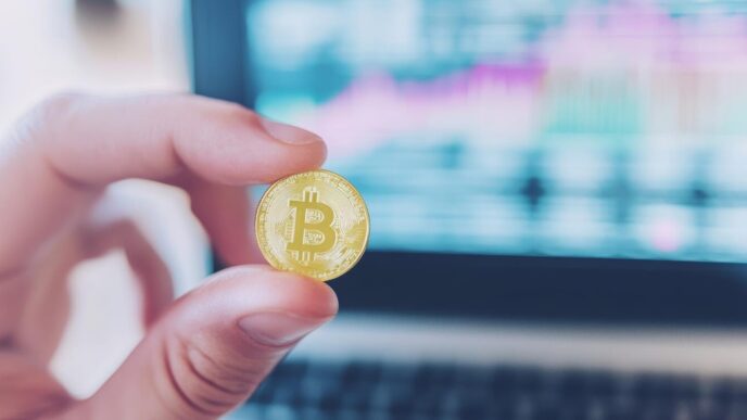 A close-up shot shows a hand holding a Bitcoin coin in front of a laptop screen displaying financial charts.