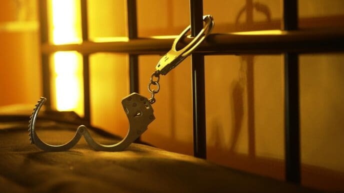 Close-up of a handcuff hanging on prison cell bars, illuminated by warm lighting.