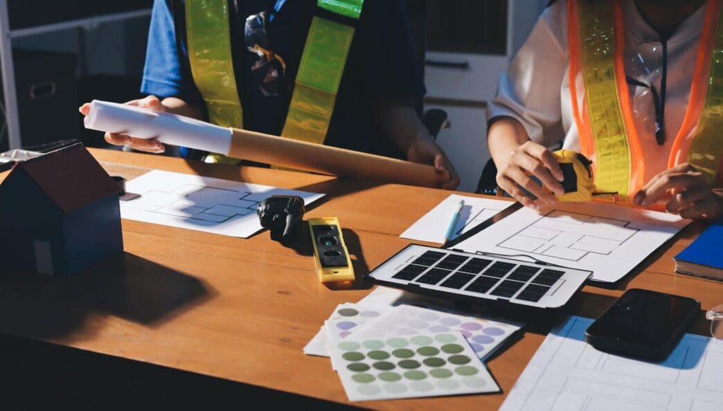 Close-up of a team of industrial engineers reviewing machinery blueprints on a table in a manufacturing factory.