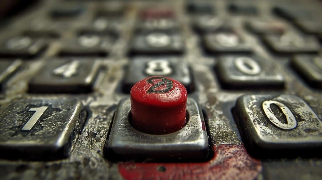 Closeup of an old calculator shows the number eight key in focus, with worn buttons suggesting age and use.