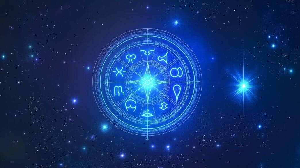 Colorful cosmic symbol with glowing outlines against a dark background, evoking astrological and celestial themes.