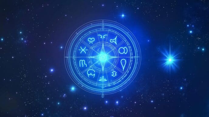 Glowing, colorful cosmic symbol with astrological and celestial themes on a dark background.