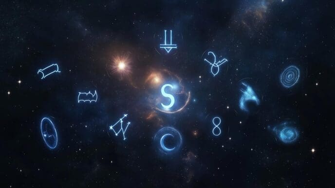 Colorful, glowing cosmic symbols with astrological and celestial themes are displayed against a dark background.