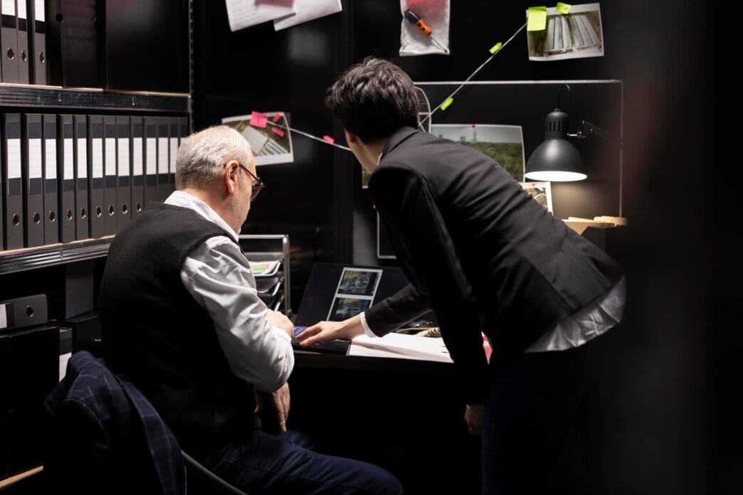 A commissioner and assistant examine a board covered in surveillance photos.