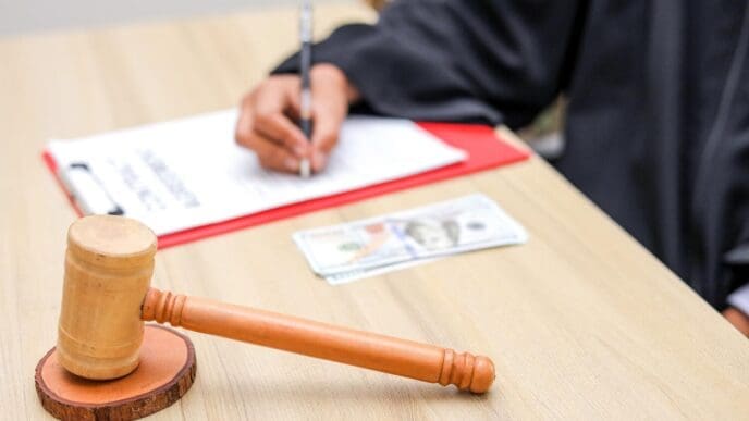 A judge's gavel sits next to a wad of cash on a table, symbolizing the concepts of justice and corruption.