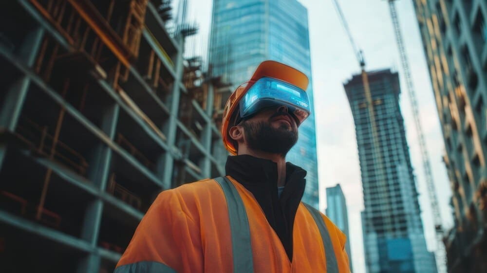 Construction worker wearing a VR headset on a construction site, likely viewing a digital model or simulation.