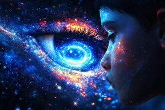 A child gazes up at a radiant cosmic eye in the sky.