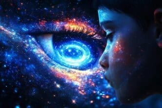 A child gazes up at a radiant cosmic eye in the sky.