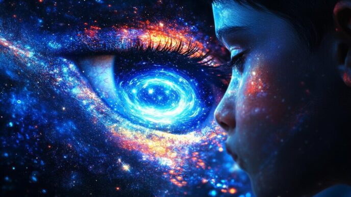 A child gazes up at a radiant cosmic eye in the sky.