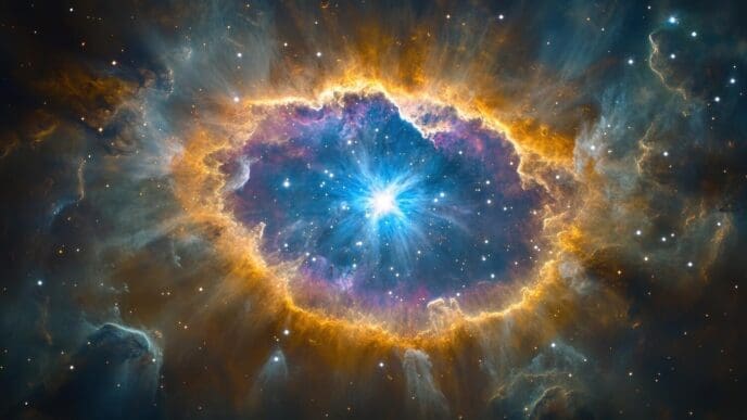 A vibrant cosmic nebula showcases a stellar explosion with gaseous clouds and background stars, ideal for astronomy and science education.