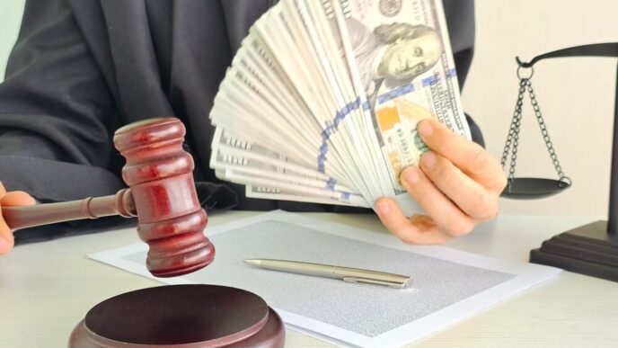 A gavel rests on a table near hands holding cash during a courtroom scene.