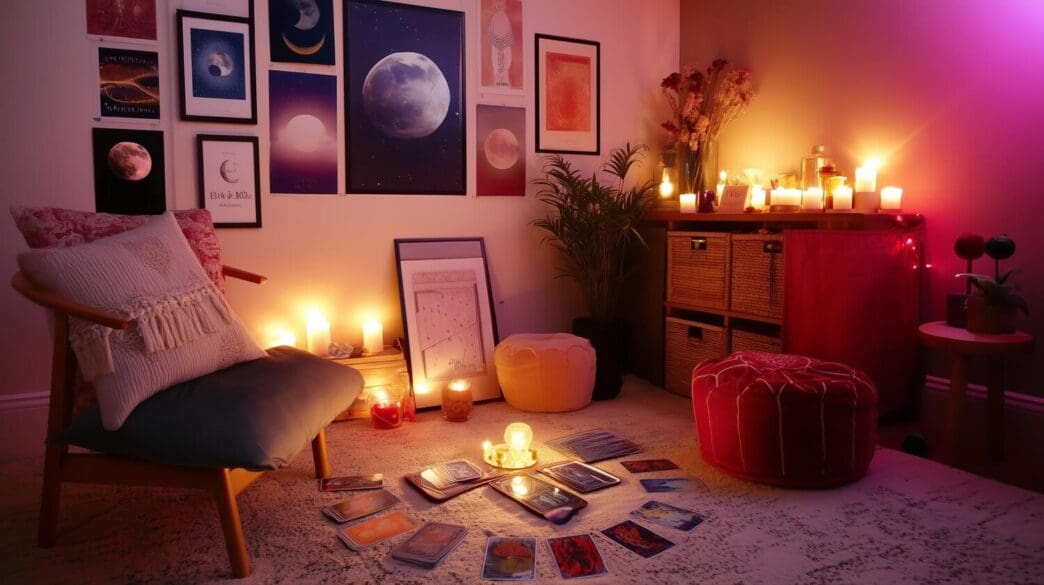 A dimly lit room features a tarot reading setup with candles and celestial decorations, creating a mystical atmosphere.