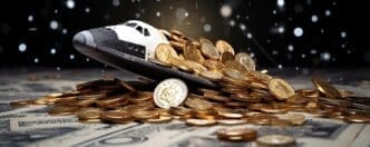 Illustration of a model spaceship flying above and surrounded by stacks of coins.