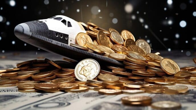 Illustration of a model spaceship flying above and surrounded by stacks of coins.