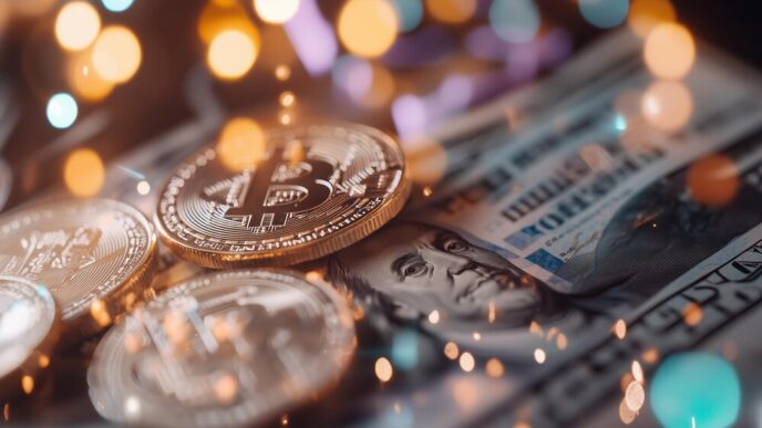 Cryptocurrencies and cash are displayed in a celebratory setting, representing the digital economy.