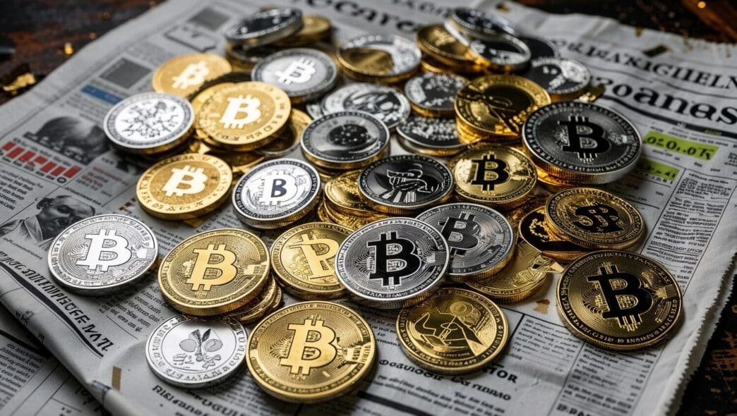 Cryptocurrency coins are scattered across a newspaper, highlighting market updates and financial news.