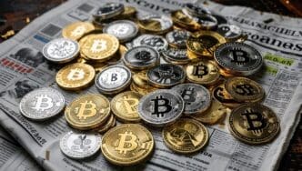 Cryptocurrency coins are scattered across a newspaper, highlighting market updates and financial news.
